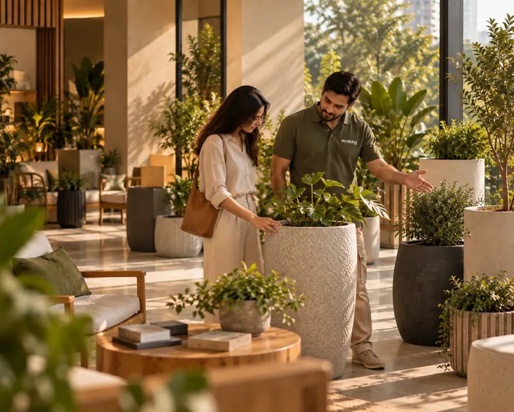 An Ecoliving designer showing a client planters and plants in the studio