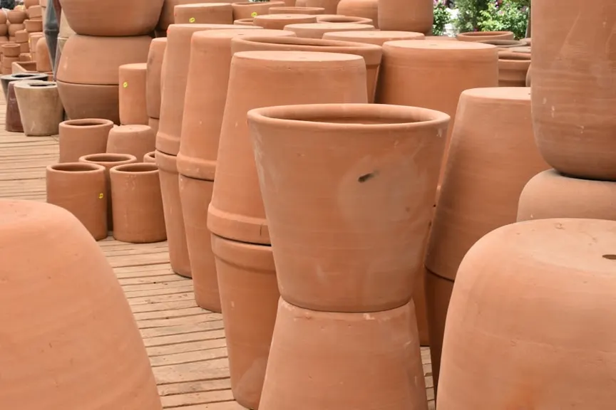 Rows of stacked terracotta pots