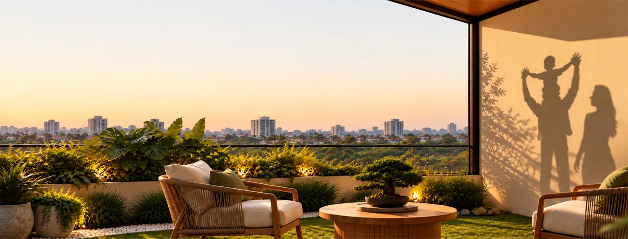 A sunset roof terrace with lounge chairs, a bonsai on a round table and lit planting, a family’s shadow on the wall