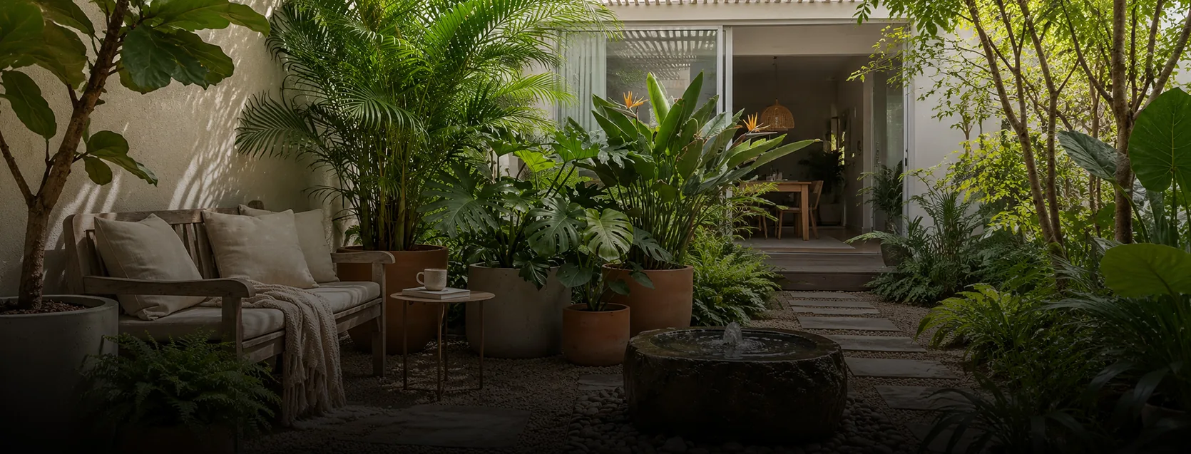 A shaded courtyard garden with a cushioned bench, palms, potted plants and a stone water feature