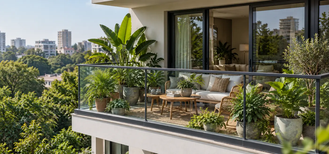 A restaurant courtyard fitted out with palms, hanging planters, bamboo screens, café seating and string lights