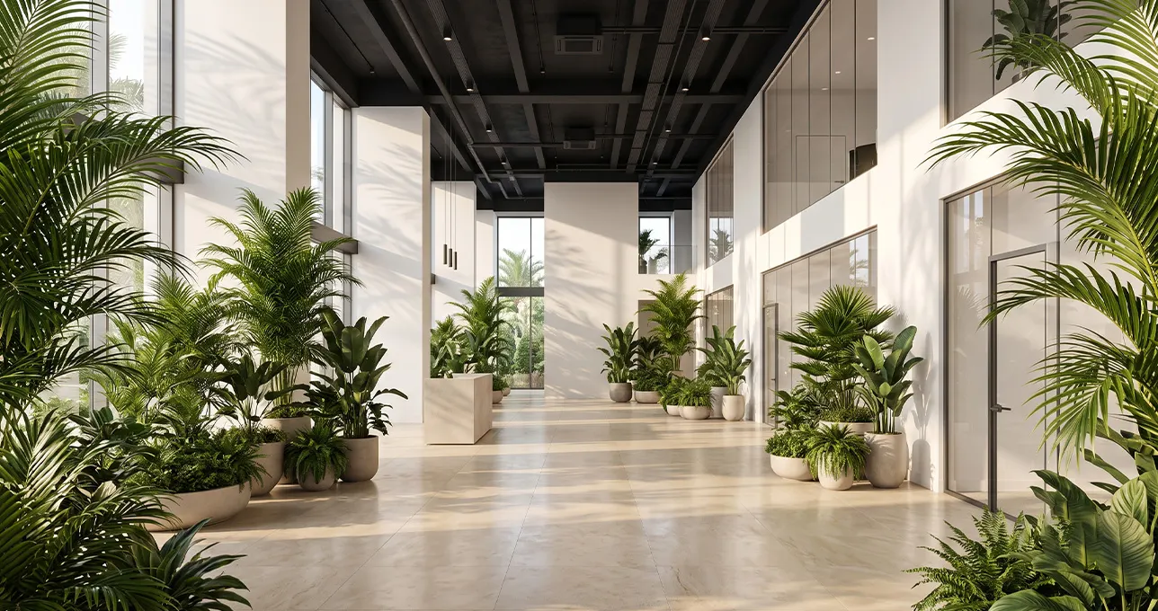 A bright commercial atrium lined with palms, tall tropical plants and planters along a pale stone walkway