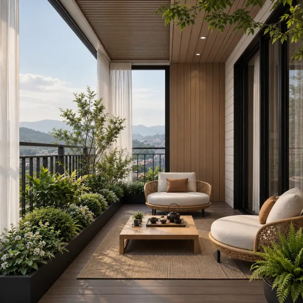 A cosy balcony with cushioned seats, a low table and planters