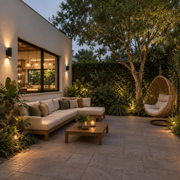 An outdoor lounge and dining courtyard with a hanging chair under a tree