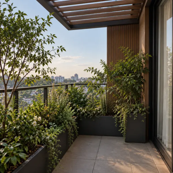 A bright balcony lined with planters in the morning light
