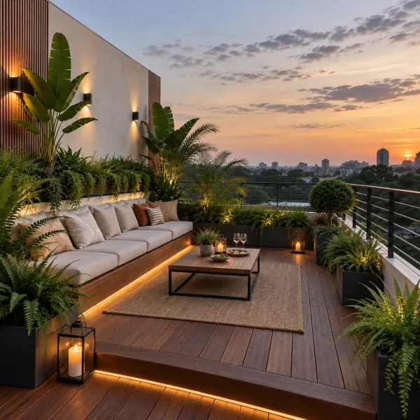 An open terrace with a lit deck, a sofa and planters at dusk