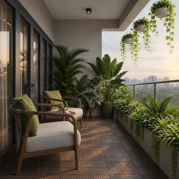 A quiet balcony corner with an armchair and hanging plants