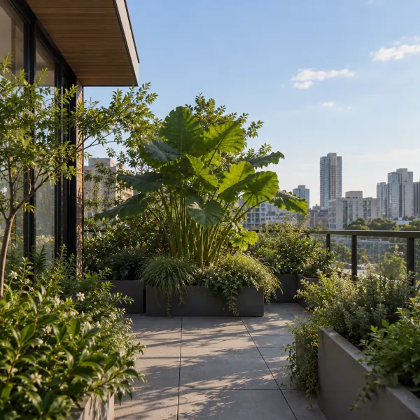 A rooftop retreat with tropical planting and a city view