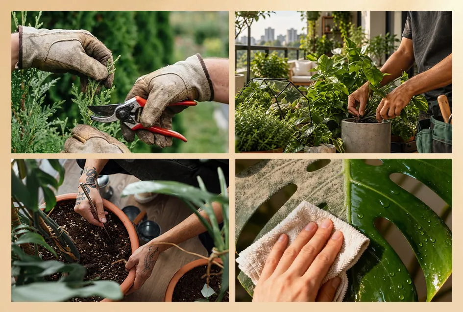 Hands pruning, repotting and cleaning plant leaves