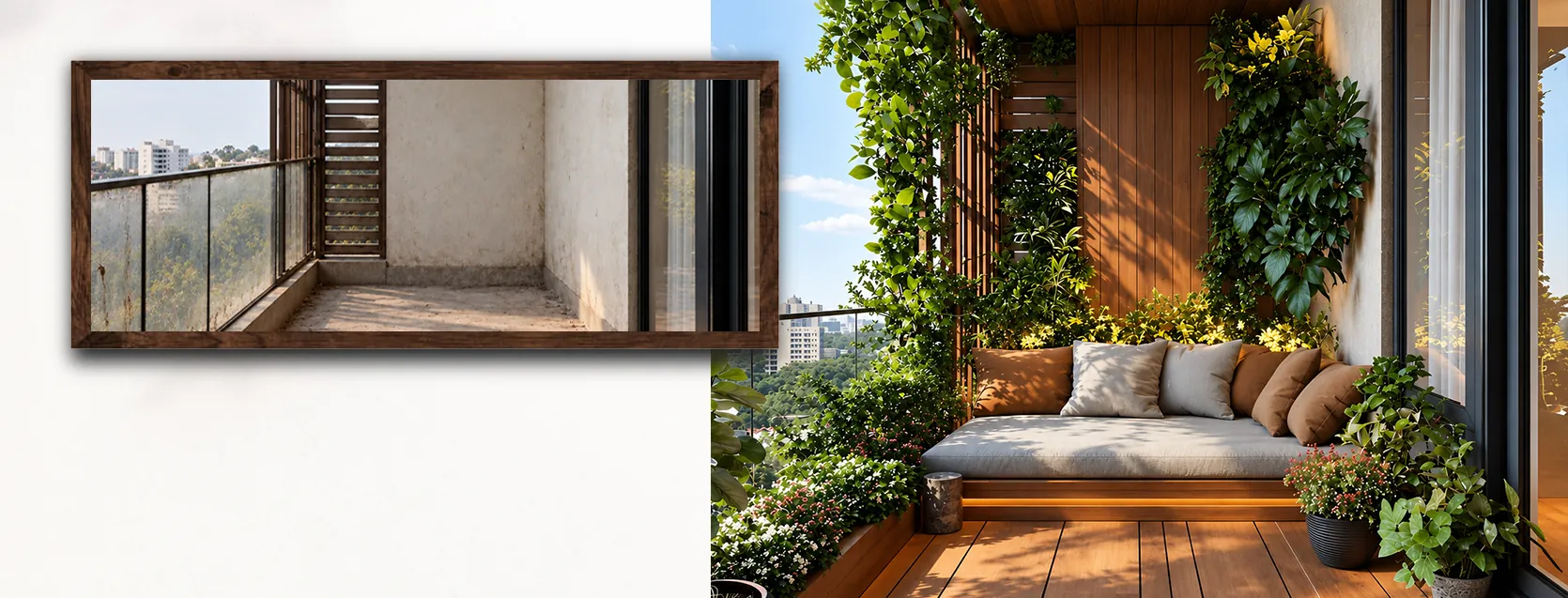 A bare balcony before, and the same balcony finished with decking, a daybed and climbing plants